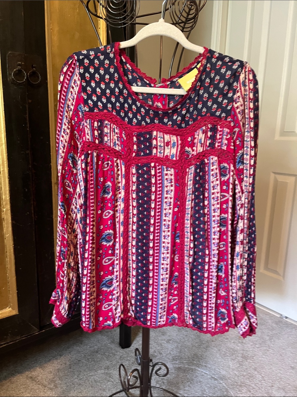 Maeve Red and Navy Paisley Print Long-Sleeve Top